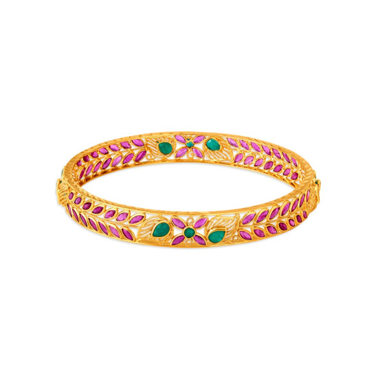 22KT YELLOW GOLD RUBY AND EMERALD BANGLE WITH FLORAL AND LEAF MOTIFS