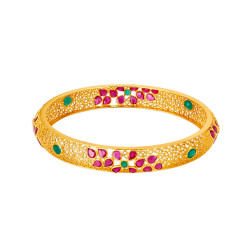 22KT YELLOW GOLD EMERALD AND RUBY BANGLE WITH FLORAL MOTIF