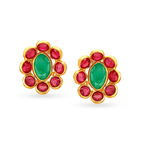 18KT GOLD RUBY EMERALD AND DIAMOND STUD EARRINGS