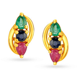 18KT GOLD SAPPHIRE EMERALD RUBY DIAMOND STUD EARRINGS