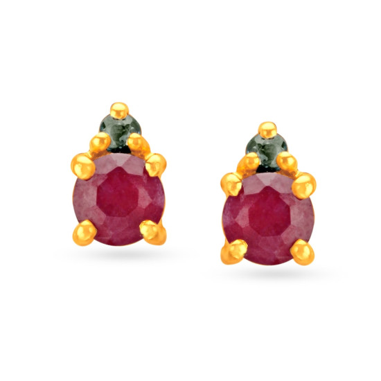 18KT GOLD SAPPHIRE RUBY AND DIAMOND STUD EARRINGS