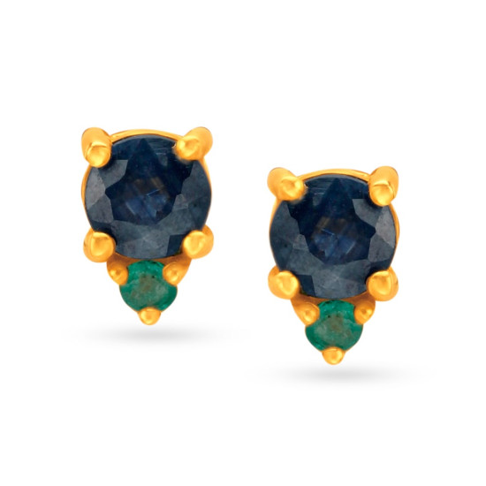 18KT GOLD SAPPHIRE EMERALD DIAMOND STUD EARRINGS