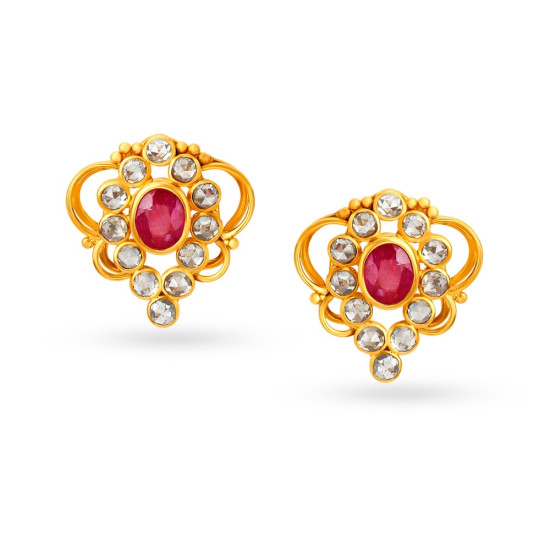 22KT GOLD AND POLKY DIAMONDS STUD EARRINGS