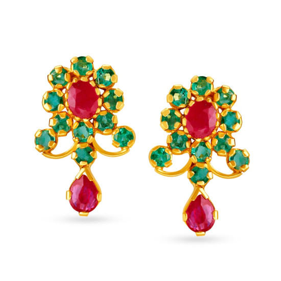 22KT RUBY AND EMERALD FLORAL STUDS