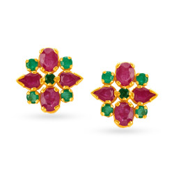 YELLOW GOLD RUBY AND EMERALD STUD EARRINGS