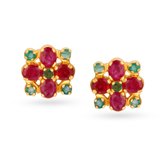 22KT GOLD RUBY AND EMERALD STUD EARRINGS