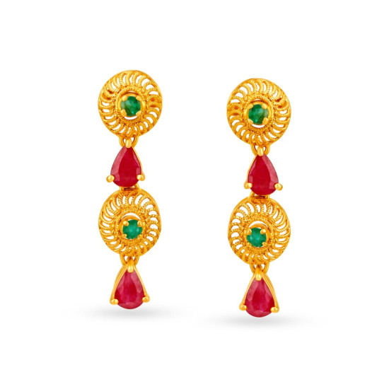 22KT GOLD EMERALD AND RUBY DROP EARRINGS