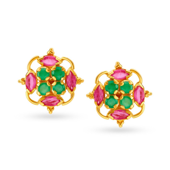 22KT GOLD RUBY AND EMERALD STUD EARRINGS